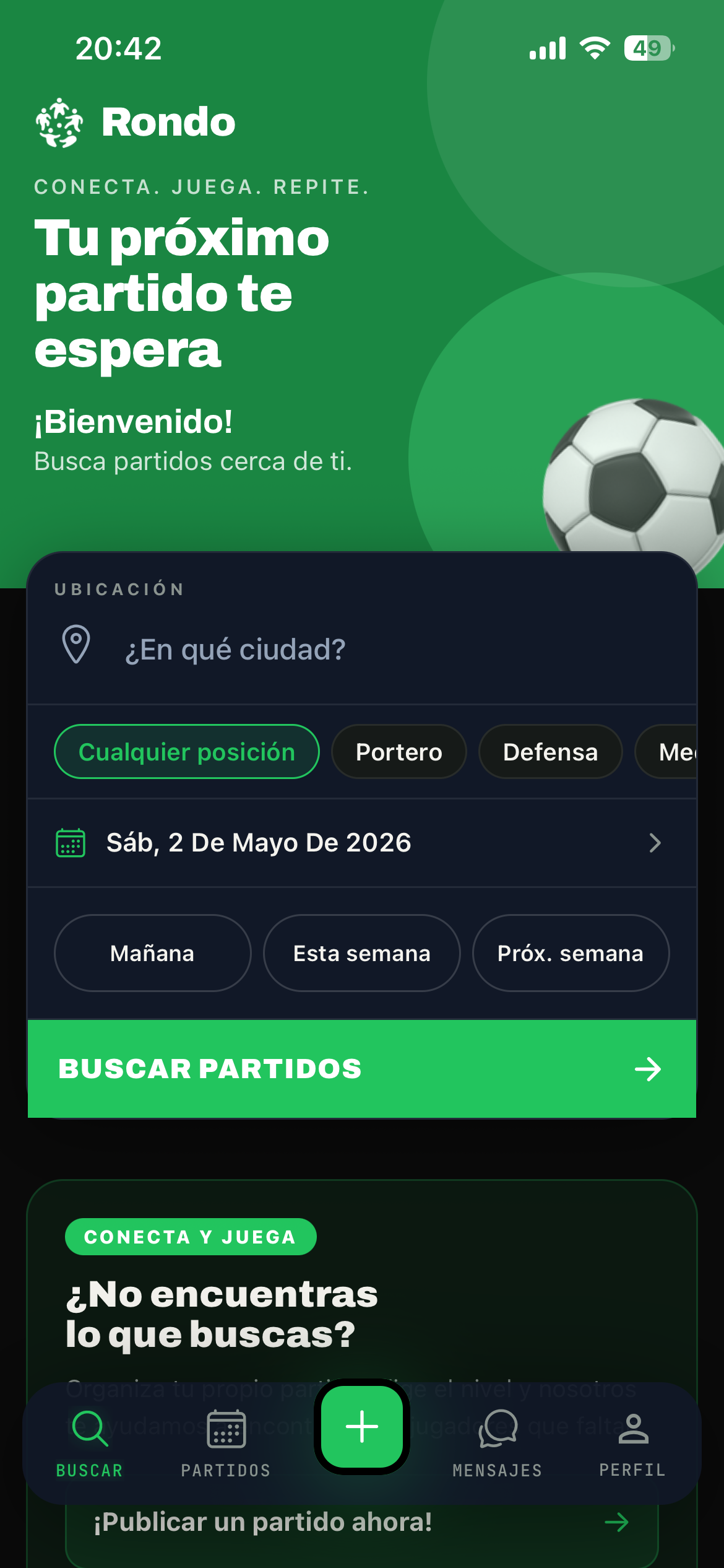 Pantalla de busqueda de partidos en Rondo
